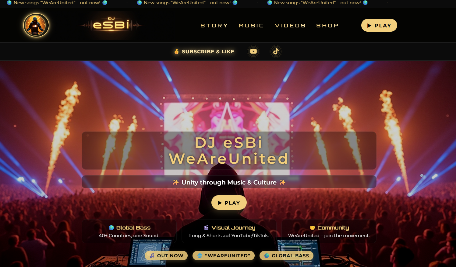 Screenshot der WeAreUnited-Website von DJ eSBi mit Musik- und Video-Sektionen