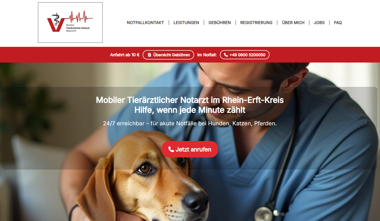 Screenshot der Website Mobiler Tierarzt Notdienst Rhein-Erft